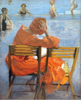 girl in Red Dress reading by a swimming pool by sir john lavery
